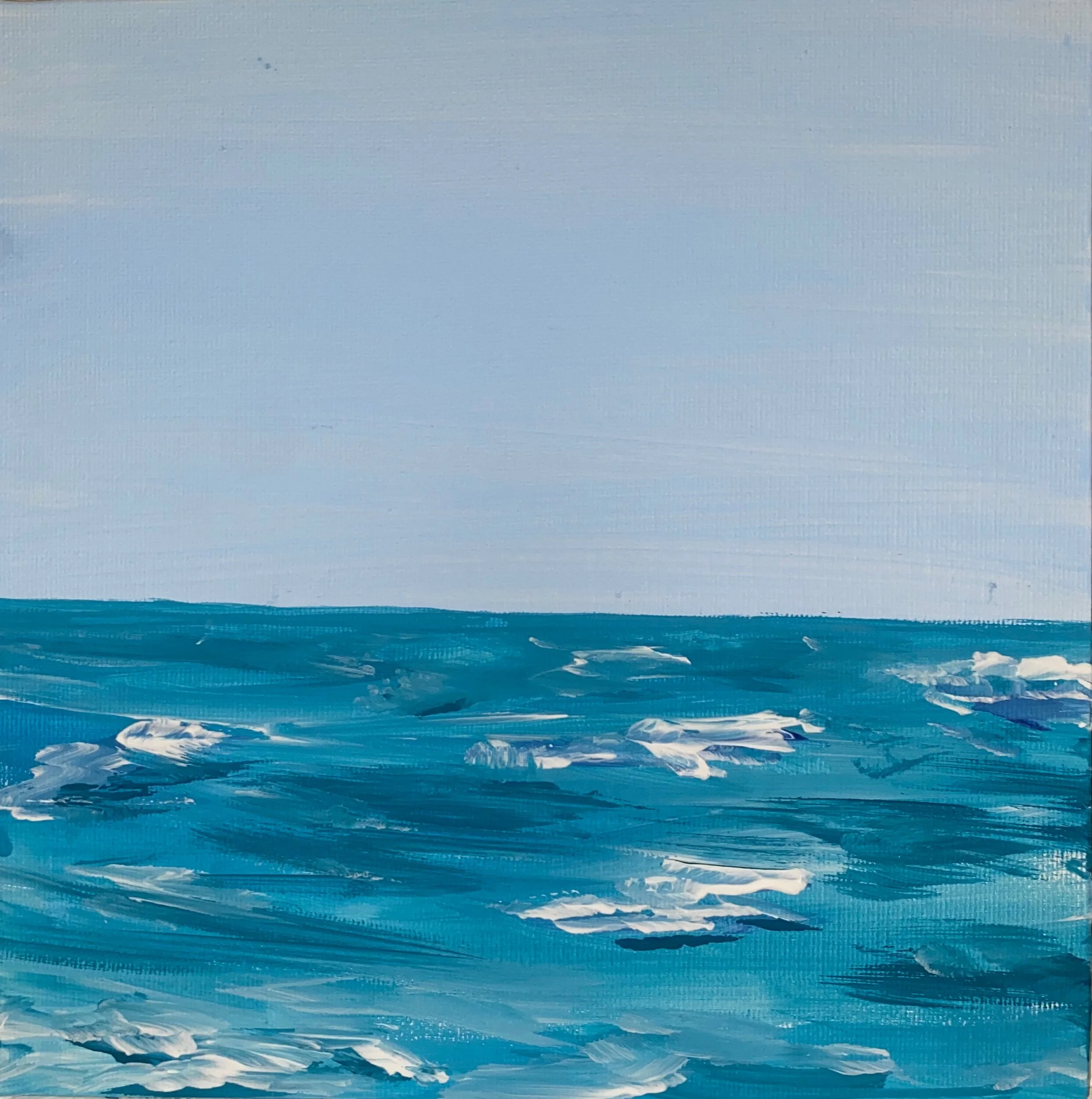 Painting of a seascape featuring blue ocean waves and a light blue sky.