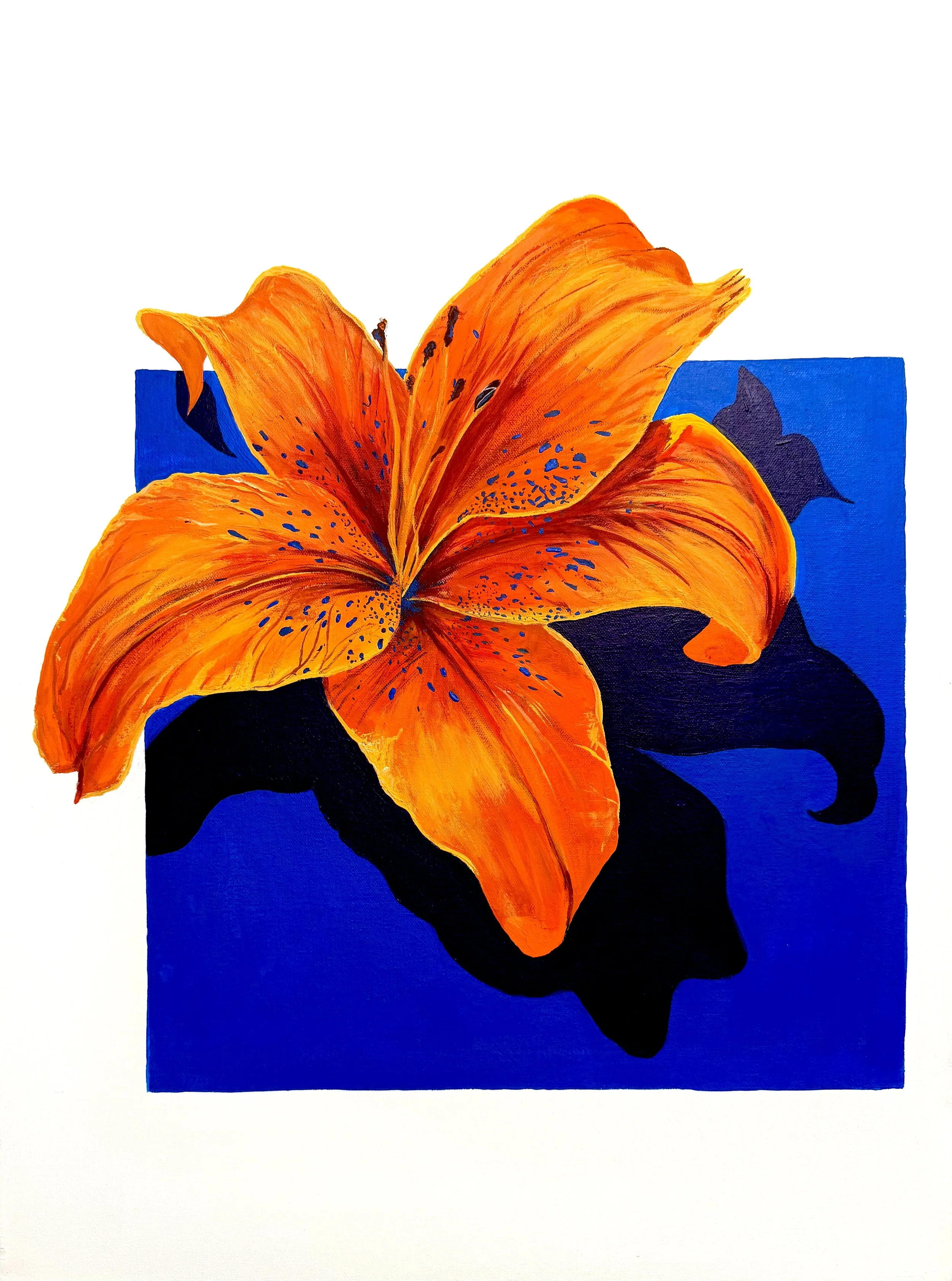 Painting of a vibrant orange lily flower with dark black spots on the petals, set against a blue background.