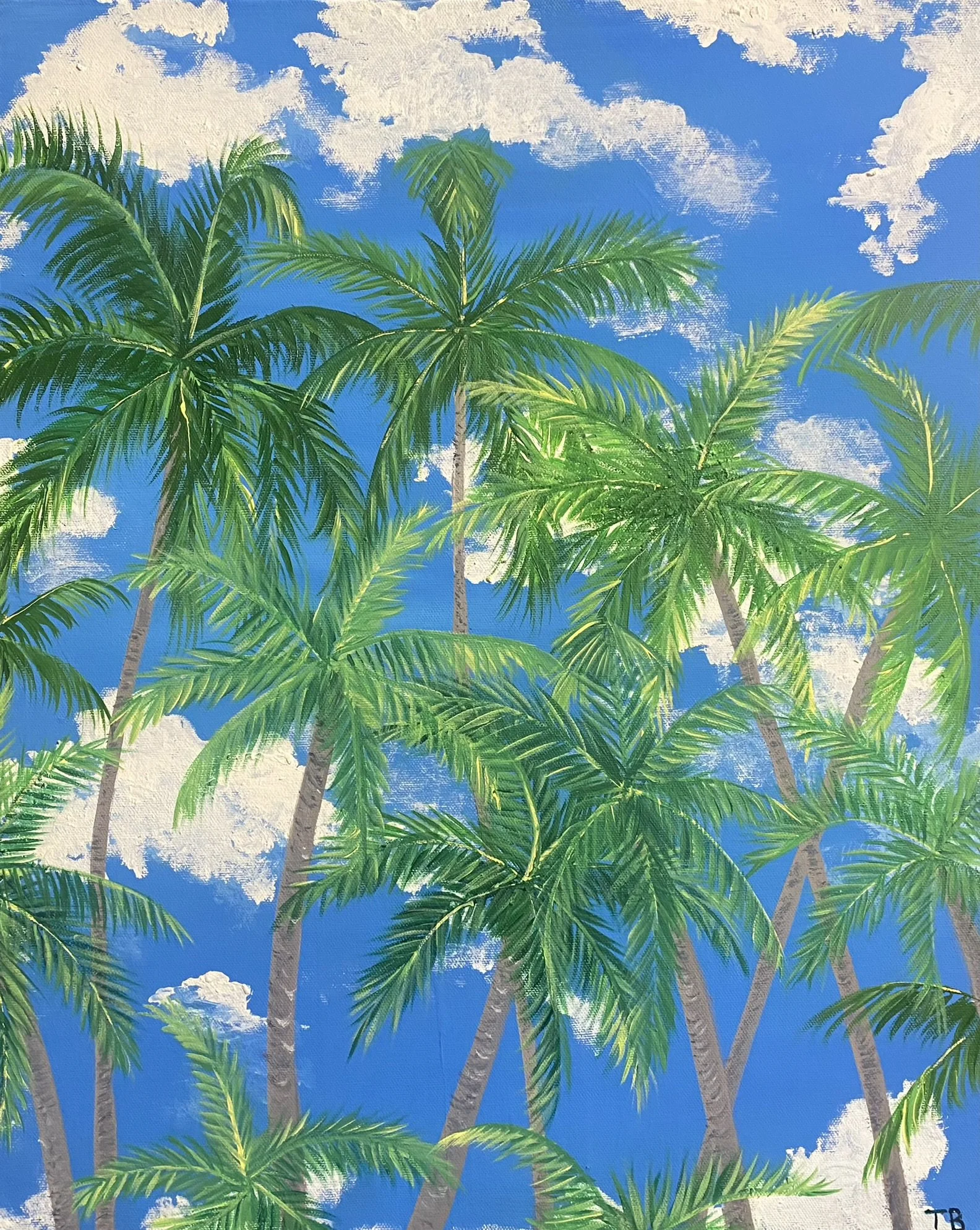 Painting of tall green palm trees against a bright blue sky with white clouds.