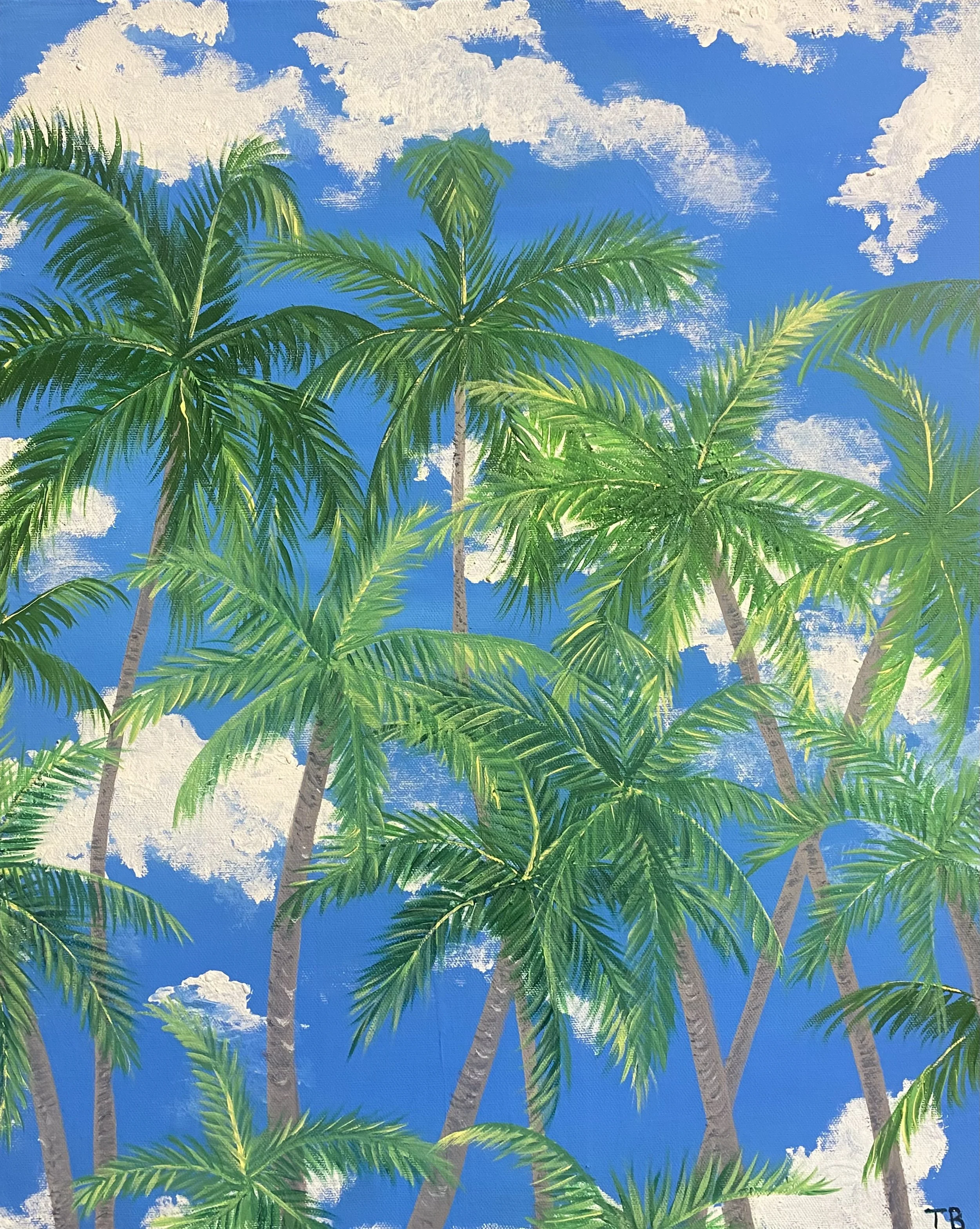 Painting of a bright blue sky with white clouds and tall green palm trees.