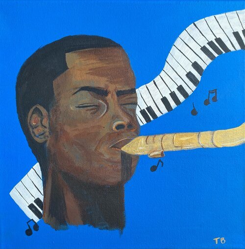 Painting of a person with dark skin and closed eyes, playing a golden saxophone, with a background of blue and musical notes and a piano keyboard motif.