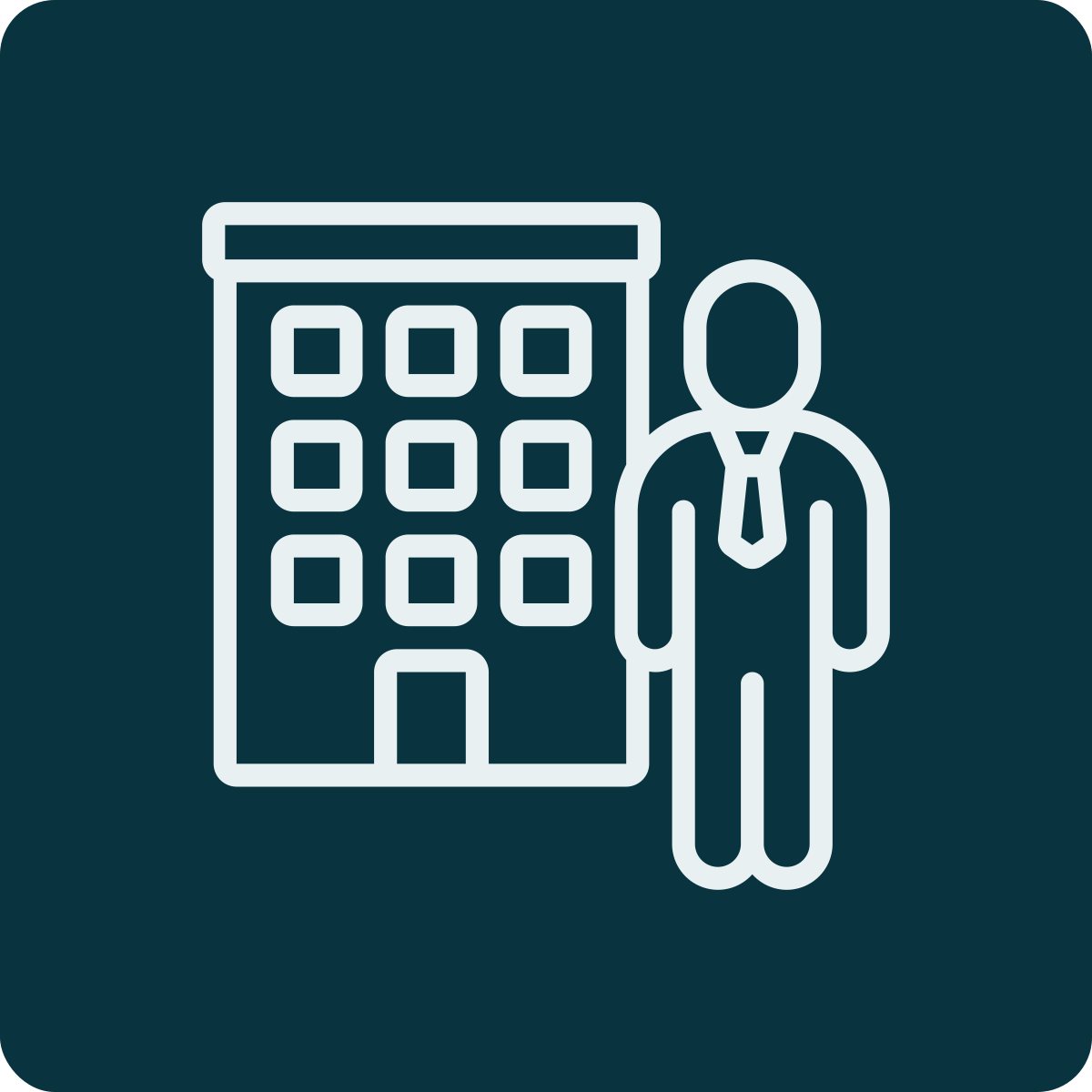 Icon of a person in business attire standing next to a multi-story building.