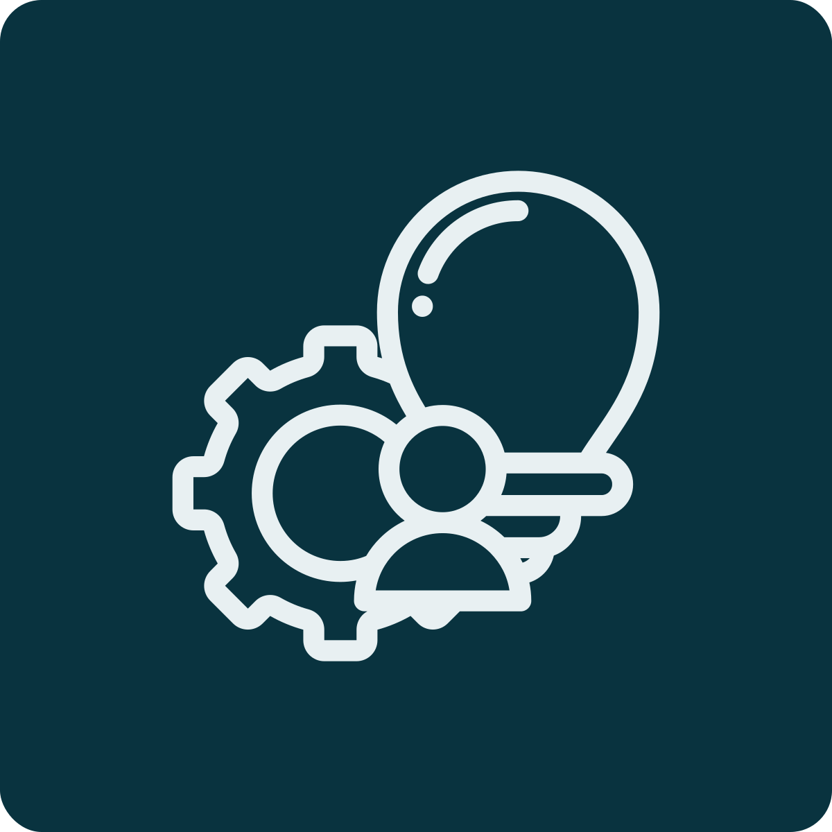 Icon representing settings, user, gear, gear with a person, magnifying glass, and light bulb.
