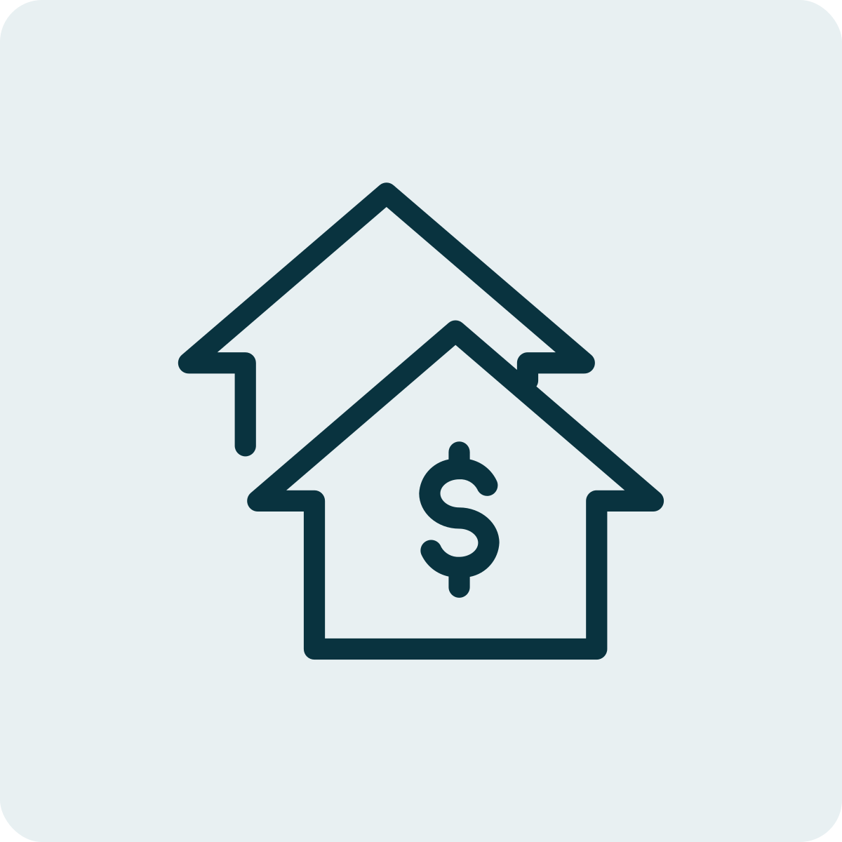Two house icons with dollar signs, indicating real estate or mortgage services.