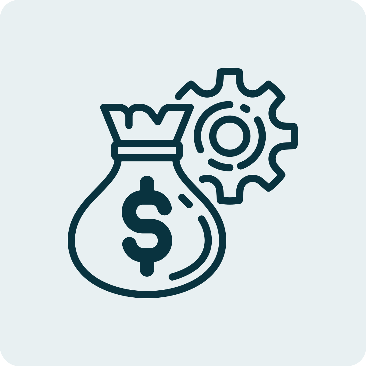 Icon of a money bag with a dollar sign and a gear, representing financial or economic process.