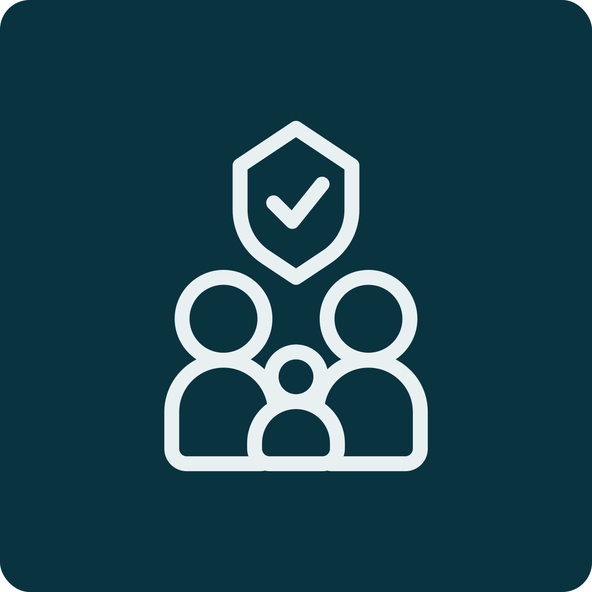 Icon of three people with a shield and checkmark above them, representing security or protection.