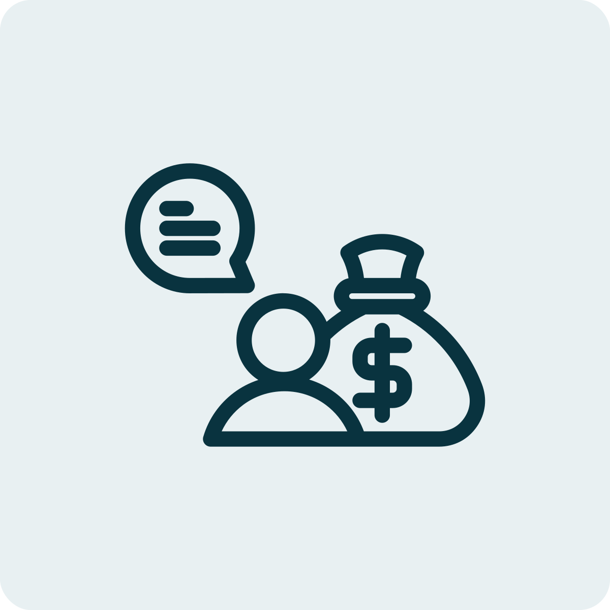 Icon of a person with a money bag featuring a dollar sign, speech bubble with lines indicating communication, and a dollar sign, representing financial discussion or budgeting.