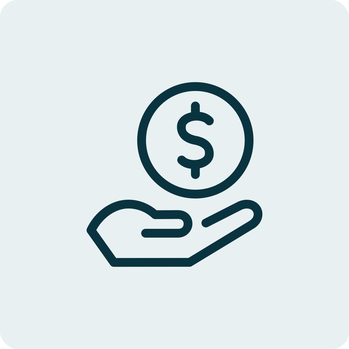 An icon of a hand holding a coin with a dollar sign on it, representing money or payment.