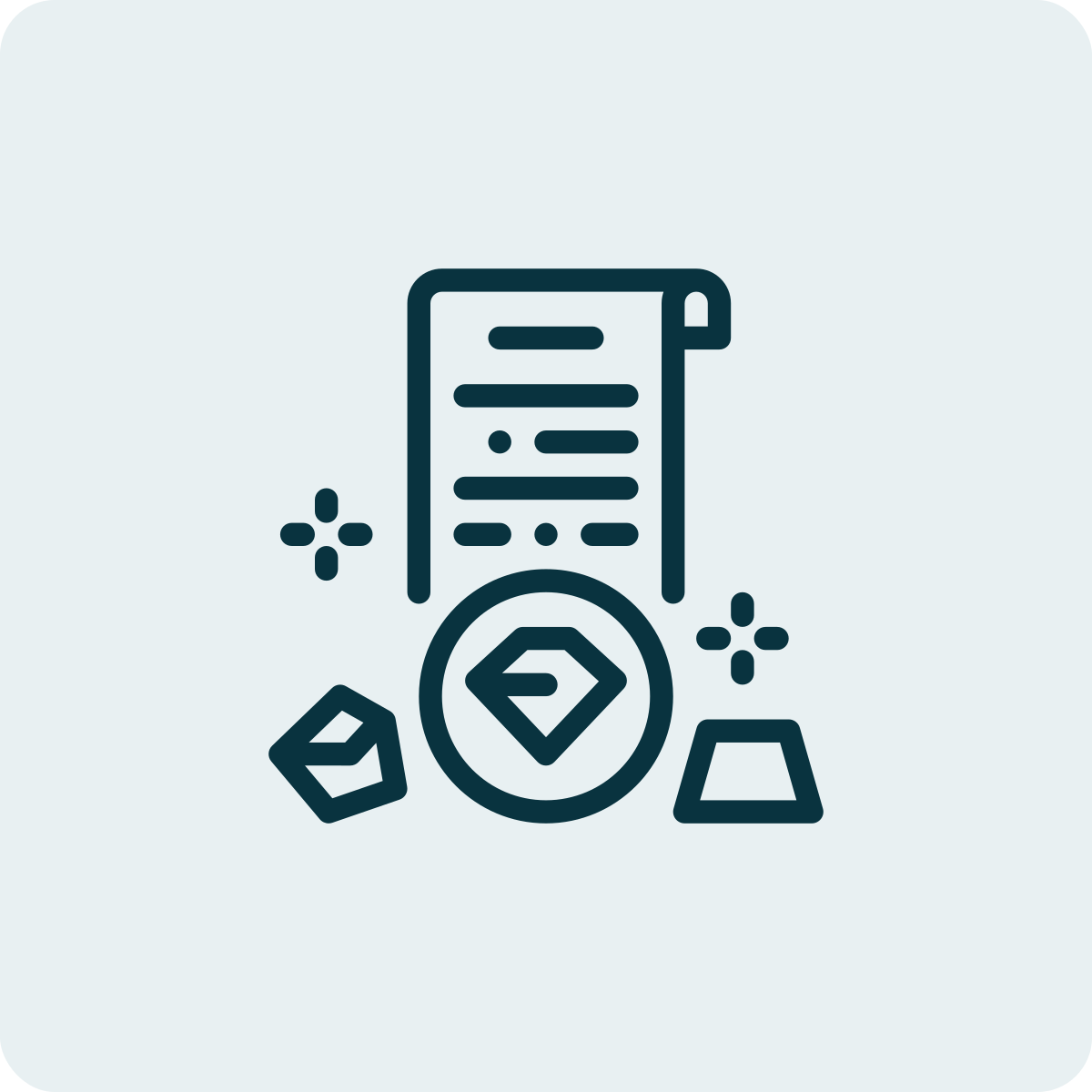 Icon of a receipt, a blockchain coin, a cube, and a bottle, symbolizing cryptocurrency or digital assets.