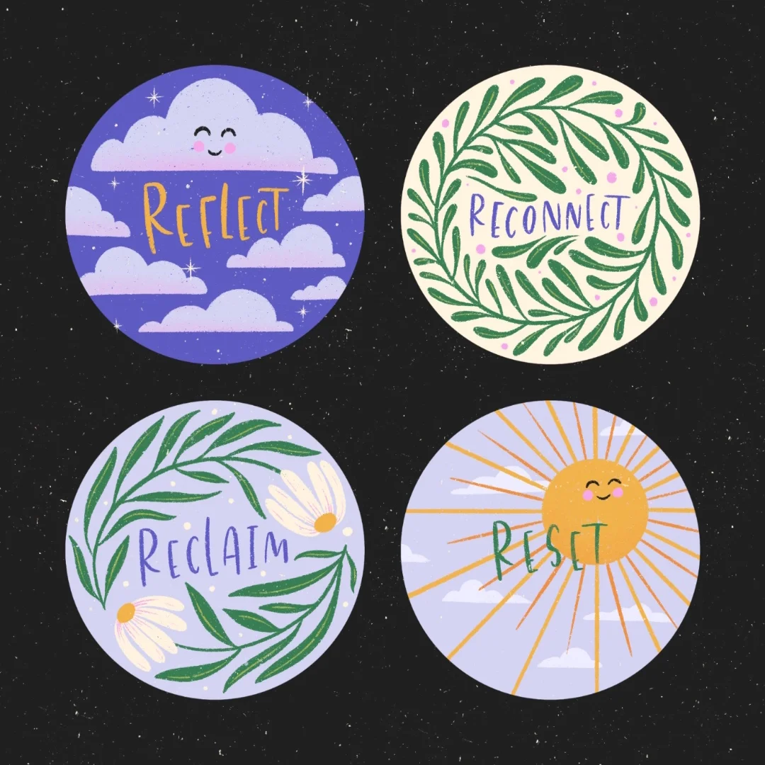 Four circular illustrated icons with positive affirmations, set against a black starry background. The top left icon has a smiling cloud with purple sky and white clouds, with the word 'Reflect'. The top right icon has green leafy branches with pink 