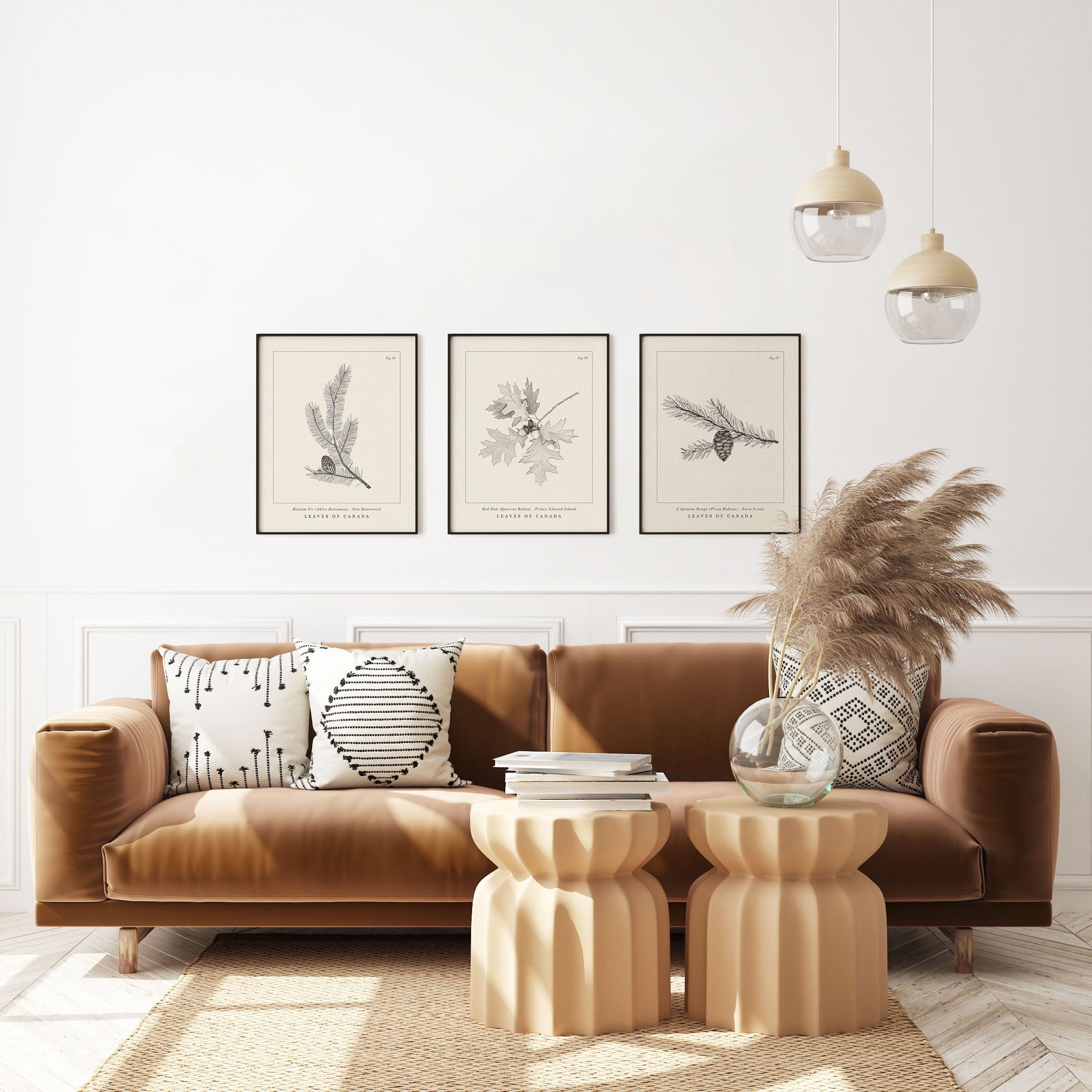 Three Canadian botanical wall illustrations in black frames are hanging on a white background above a brown couch with three cushions on it