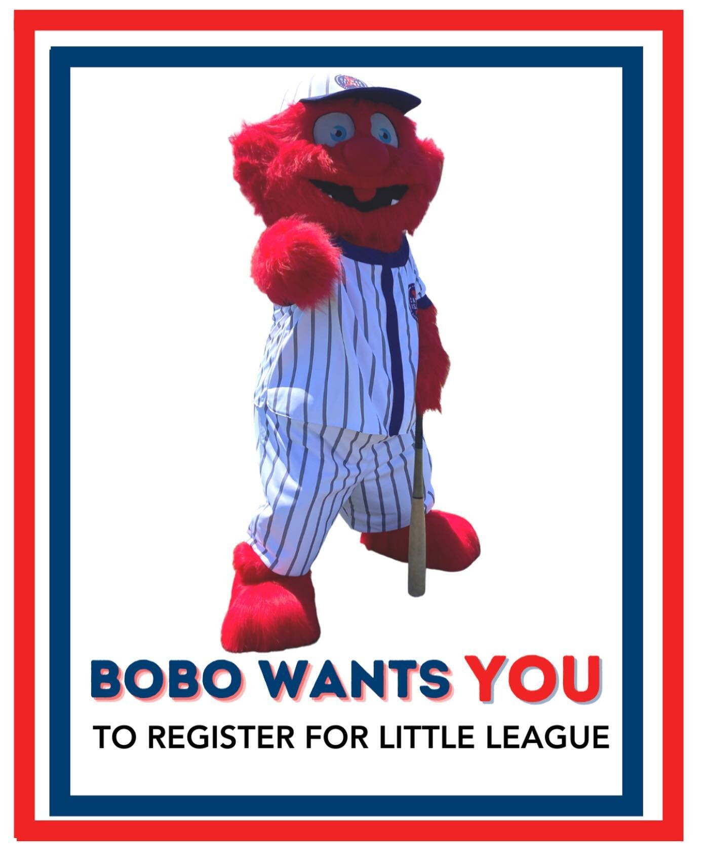 BOBO Wants You, to register for Little League! 😂 

REGISTER TODAY!

Open to all boys and girls 4-15.

No prior experience needed, all are welcome.

Season runs from January to June 2023 at the Dart Field of Dreams!

Financial assistance available fo