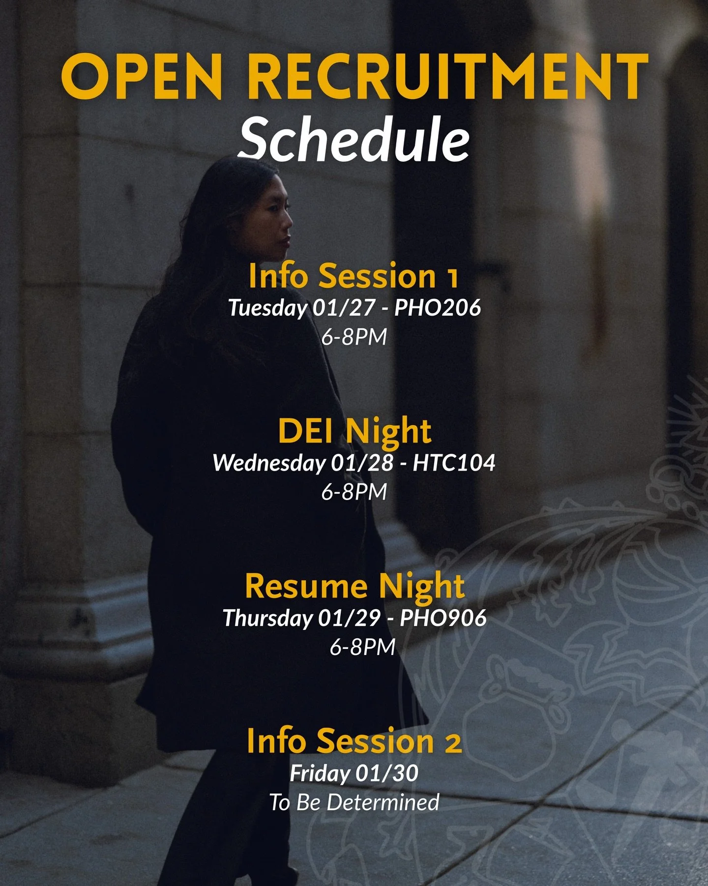 Due to extreme weather conditions, there have been updates to the Spring 2026 Open Recruitment schedule. To make up for the cancelled Information Session, we are tentatively planning to add an additional session later in the week.

Please be sure to 