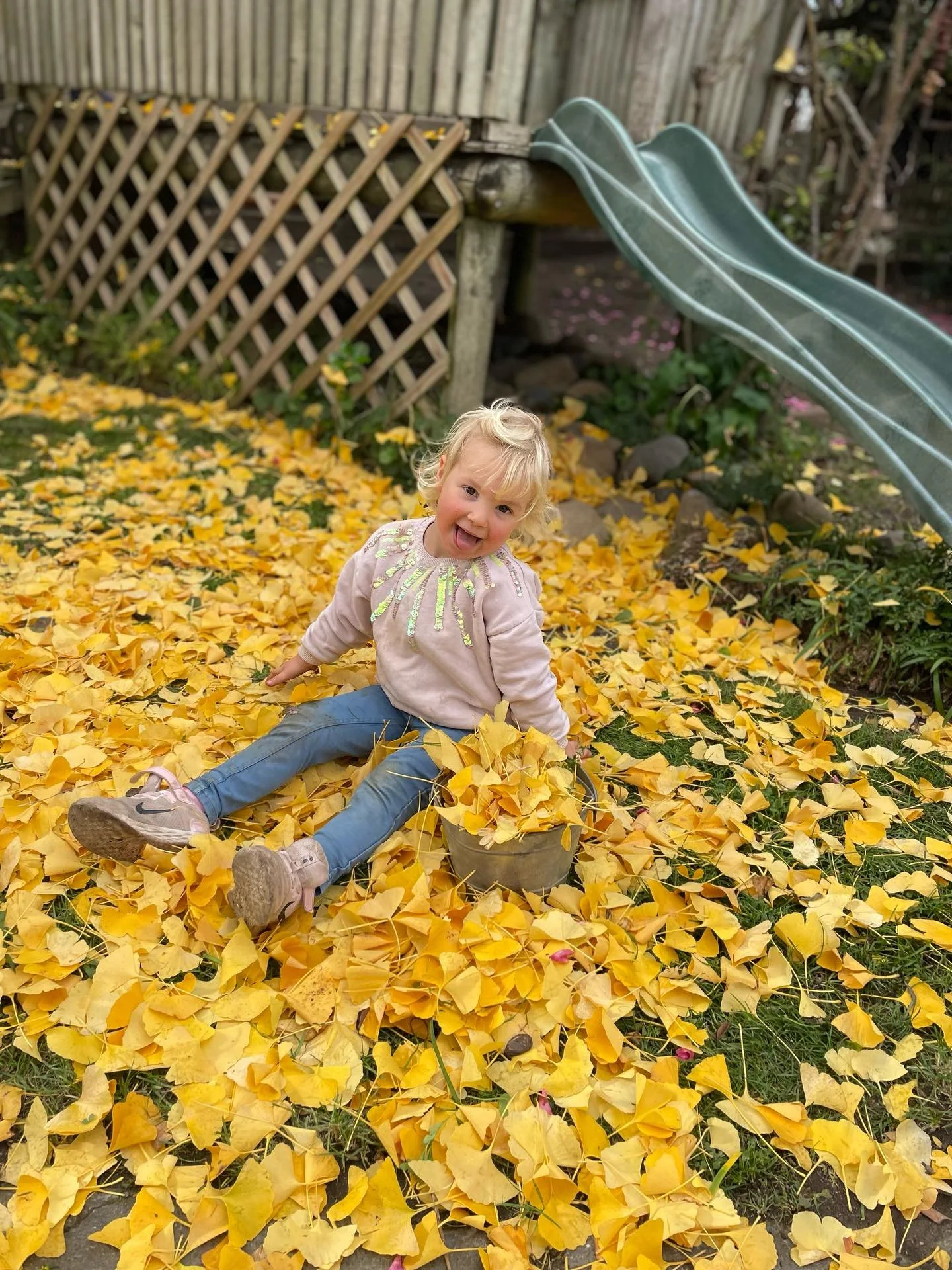 A young girl with blonde hair sitting on a blanket of yellow fall leaves in a backyard, with a slide and wooden fence in the background.