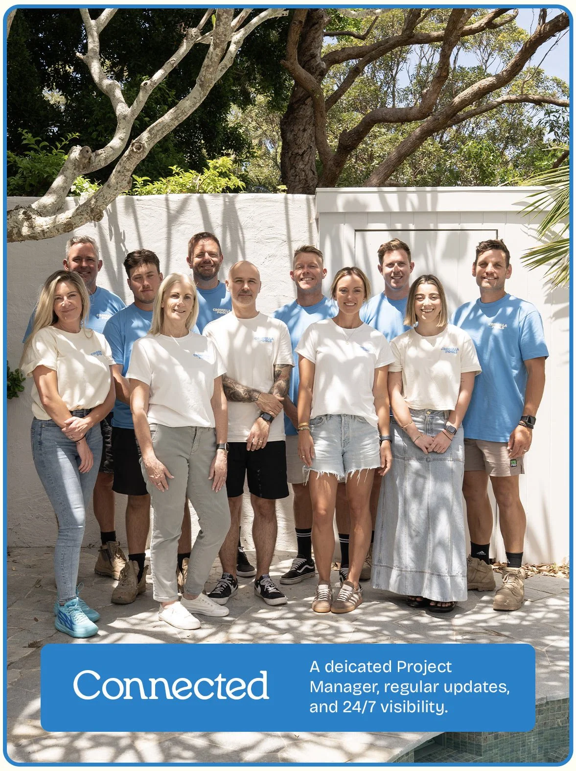 Group of eleven people, six men and five women, standing outdoors in front of a white wall and tree, smiling for the photo, with the word 'Connected' and a description about a project manager and 24/7 visibility written at the bottom.