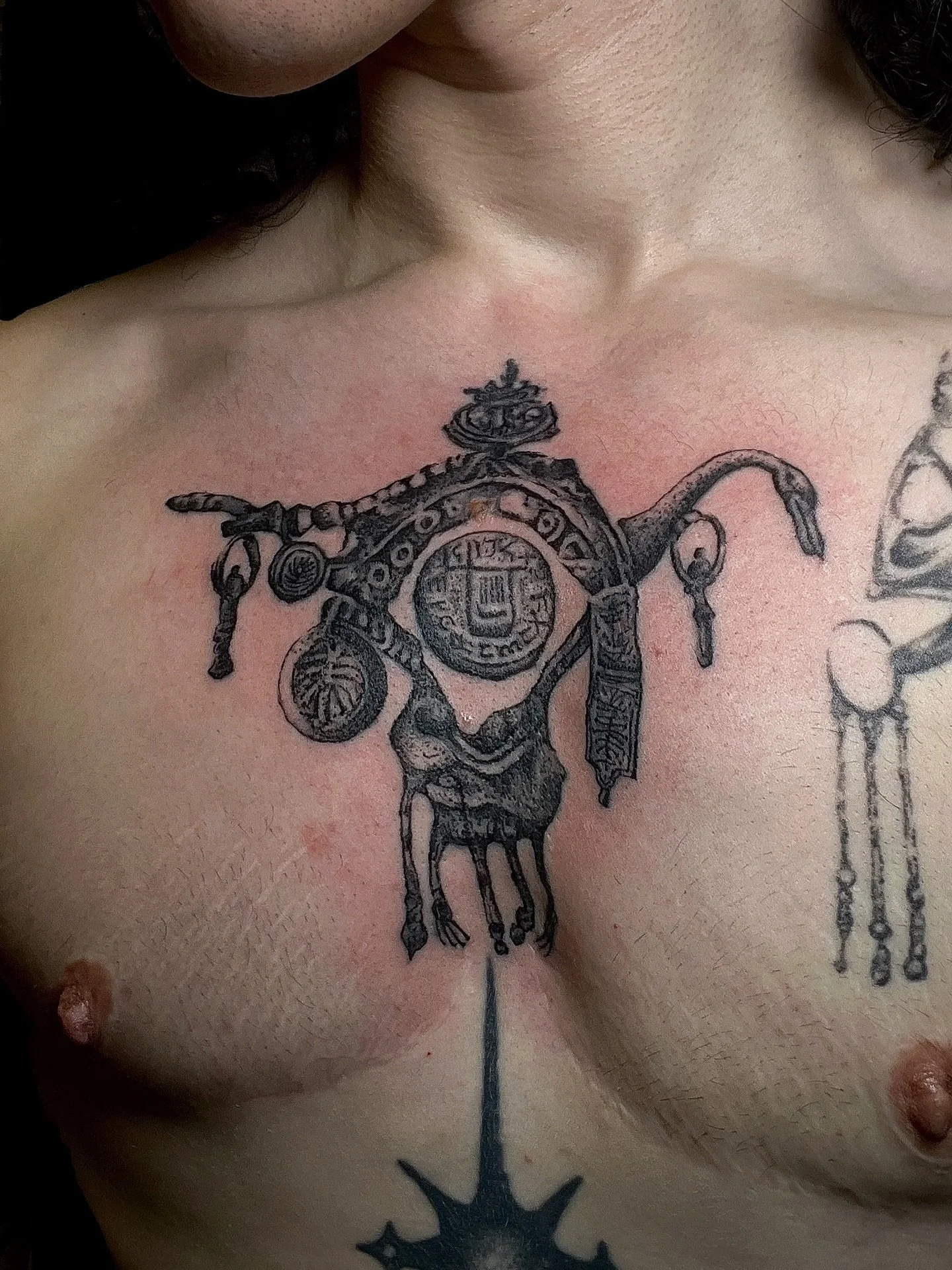 Touchup on my own chest- a little sharper than normal for longevity. I did the original piece about 5 years ago, between power outages during the ice storm in 2021 
#collagetattoo #mixedmediatattoo #pdxtattoo #judaicatattoo #pdxtattooartist #portland