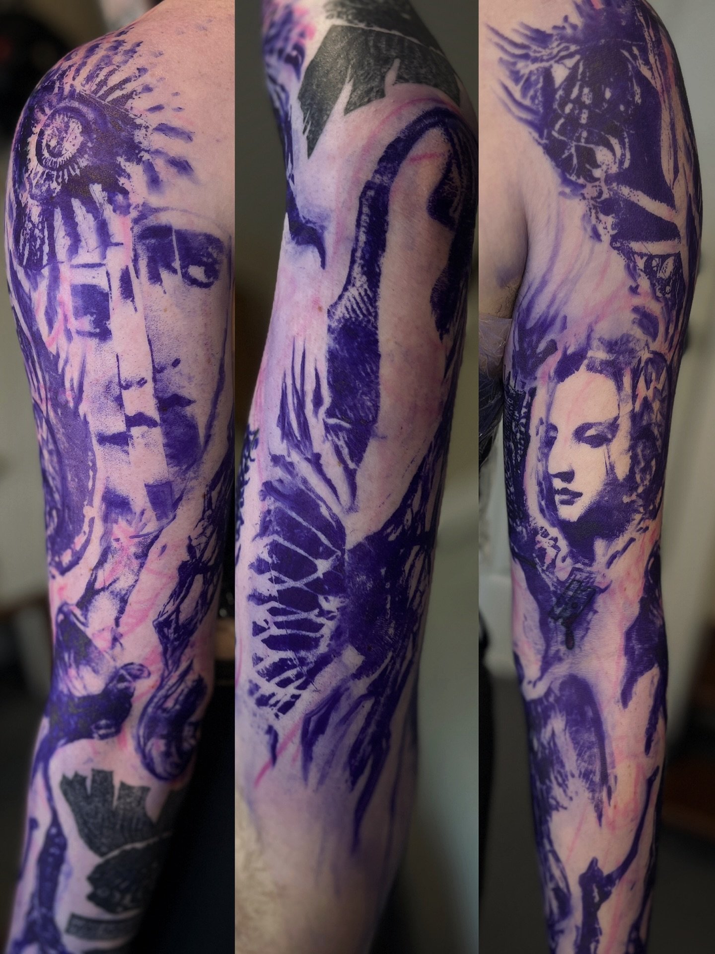 The beginning of a semi-intensive arm sleeve involving 5 complete coverups and incorporation of a precious forearm piece I did last year. Stenciling took about two hours, and then we lined the whole thing out in about four. We&rsquo;ll shade and fill