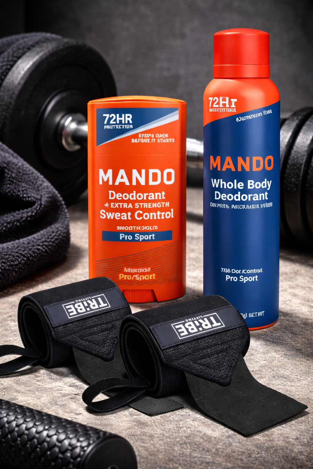 Gym essentials with MANDO deodorants and Tribe wraps.png