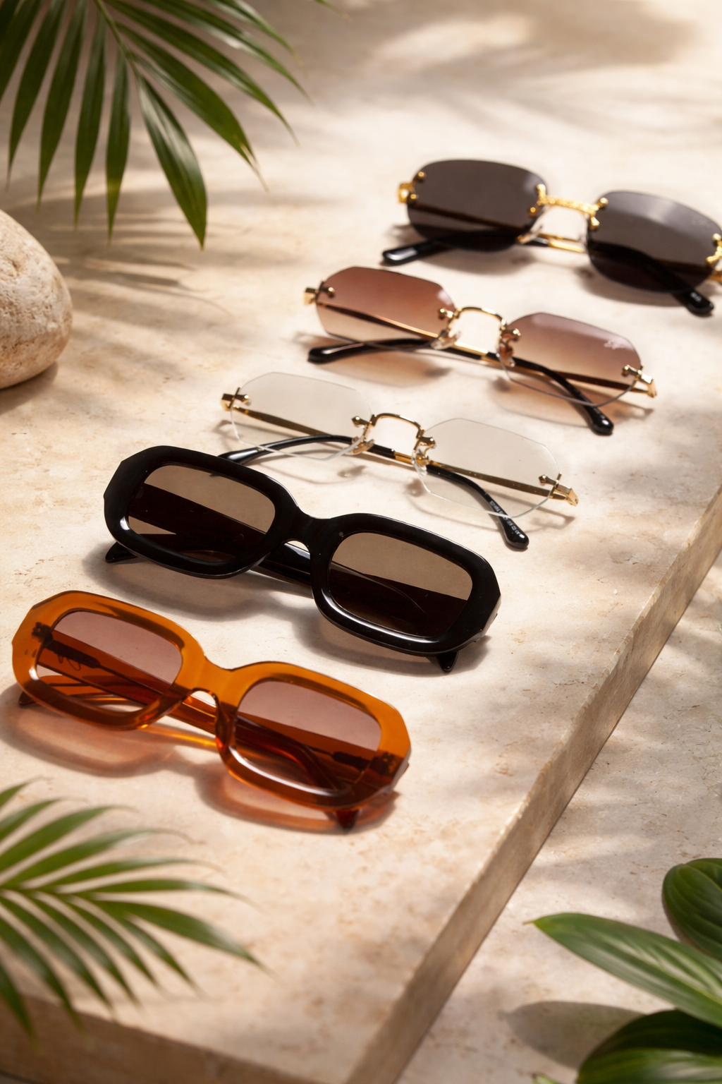 Trendy sunglasses on a tropical surface.png