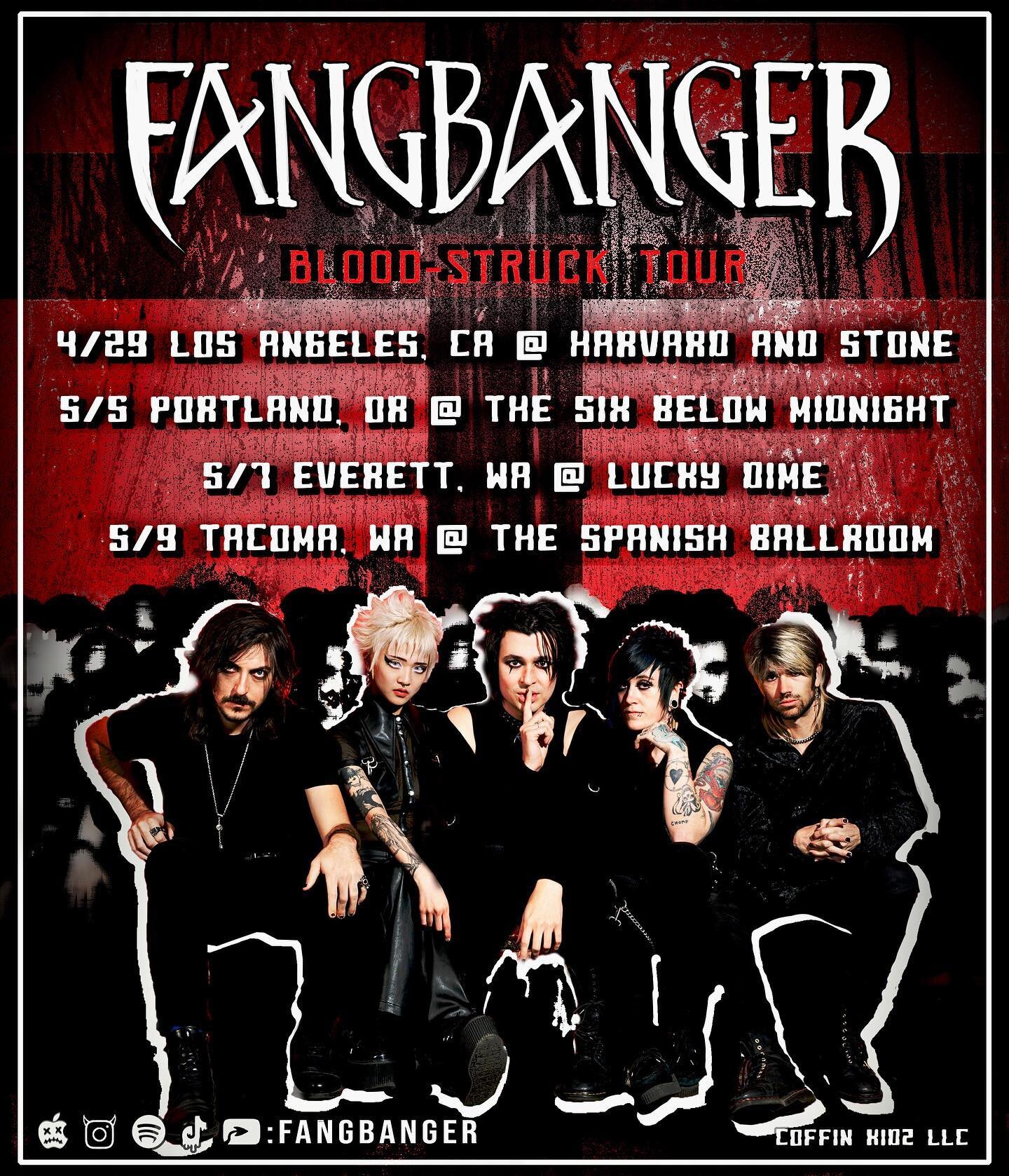 OMG we&rsquo;re going on tour!! 🗣️🗣️🗣️ Calling all the Coffin Kidz from LA to Portland to Seattle! Swipe for details, and ticket links in bio! See you soon! 🖤
.
.
.
.
.
.
.
.
#fangbanger #fangbangerband #coffinkids #tourdates