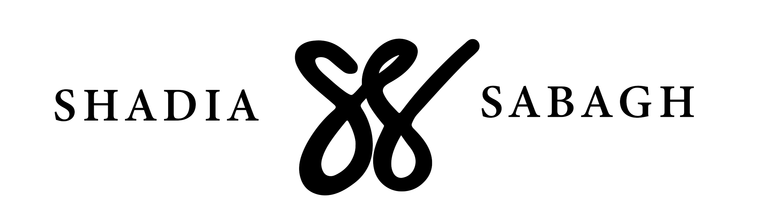 Logo with the name 'Shadia Sabagh' and an abstract butterfly design in black and white.