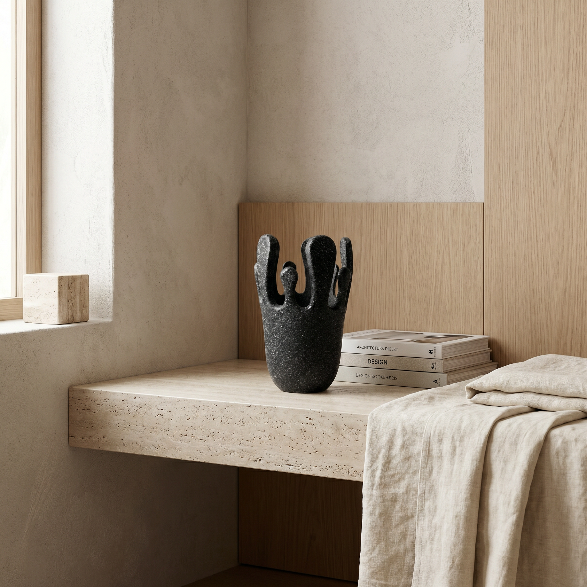 Interior view of a minimalist bedroom with beige textured walls, a wood-paneled headboard, a stack of design books, a black hand sculpture, and a cream-colored textile in the foreground.