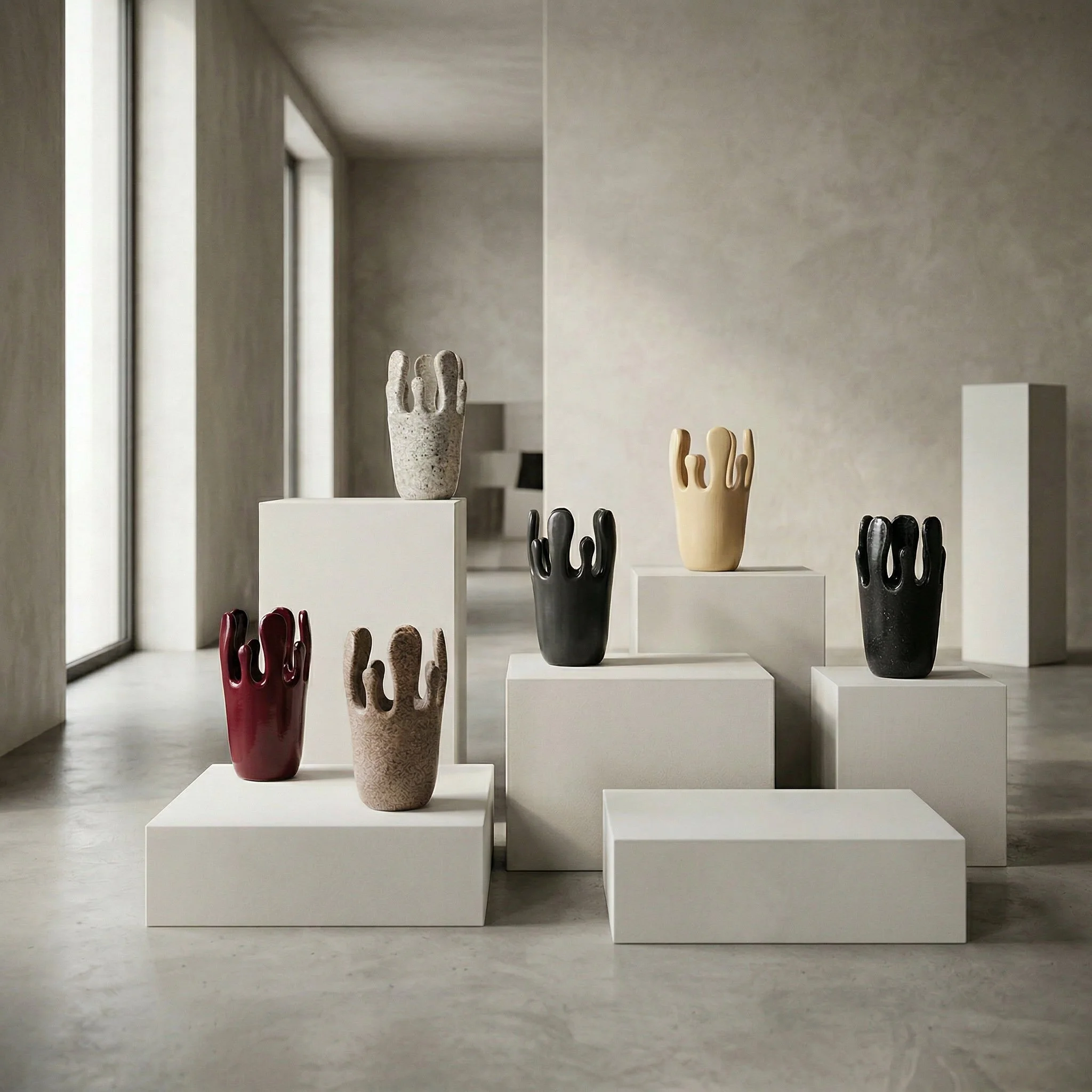Display of six ceramic vases shaped like hands, each with different colors and textures, arranged on white pedestals inside a modern minimalist gallery with light-colored walls and flooring.