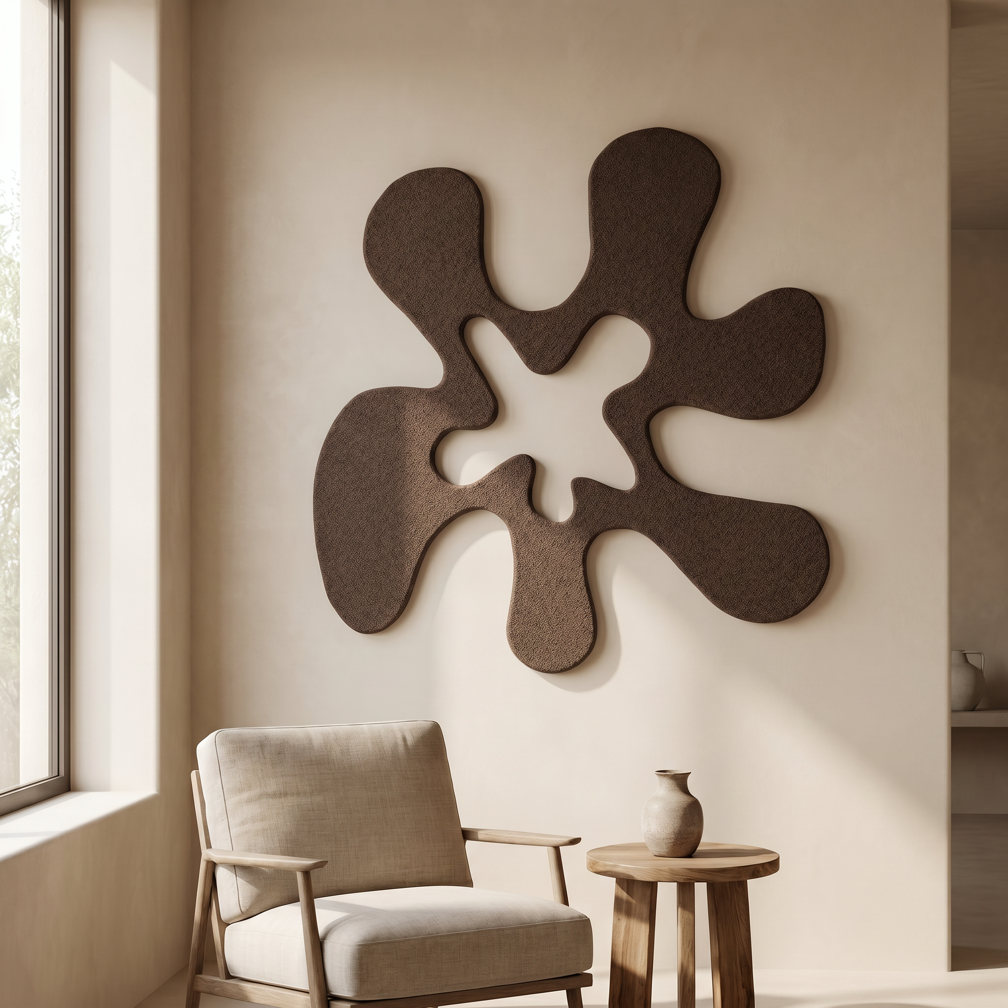 A beige armchair with wooden frame near a round wooden side table, with a neutral-colored ceramic vase on it, in a room with a modern art wall sculpture and a large window letting in natural light.
