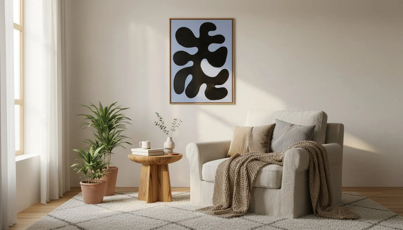 Bright living room with beige armchair, wooden side table, potted plants, minimalist art on white wall.