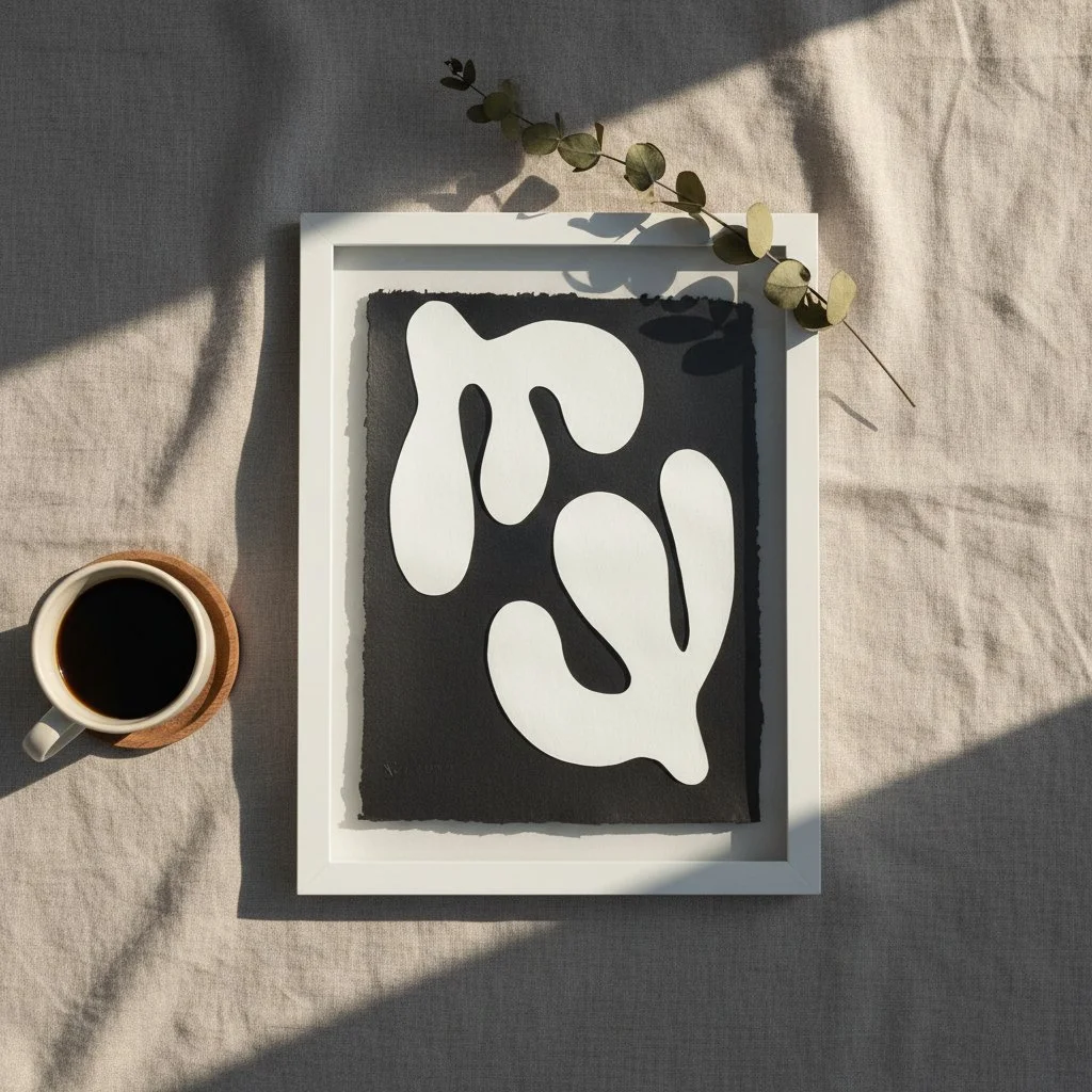 A white-framed artwork with abstract black and white shapes, a cup of coffee on a beige table, and a eucalyptus branch, with sunlight casting shadows.