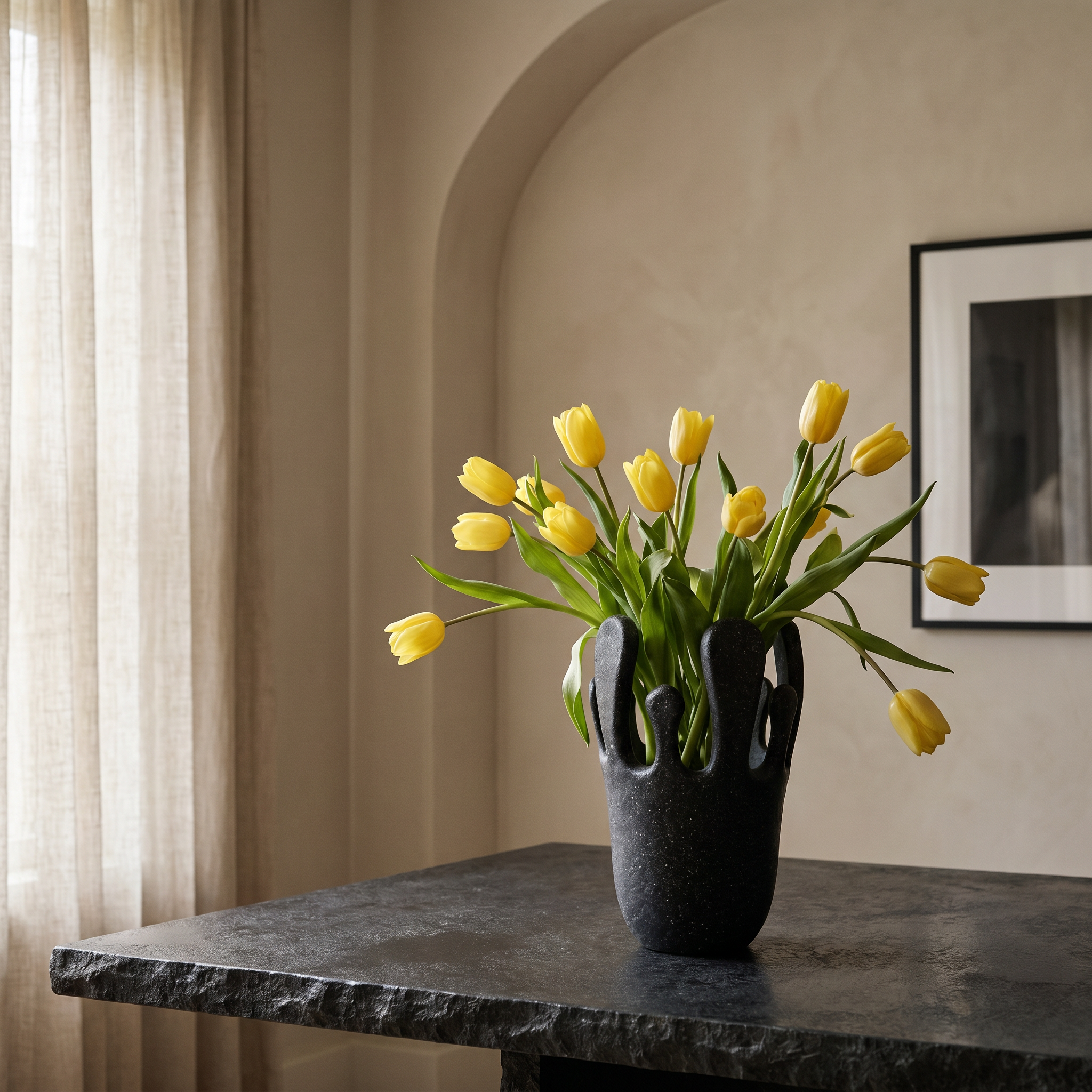 Black Stone Vase - Yellow Tulips.png