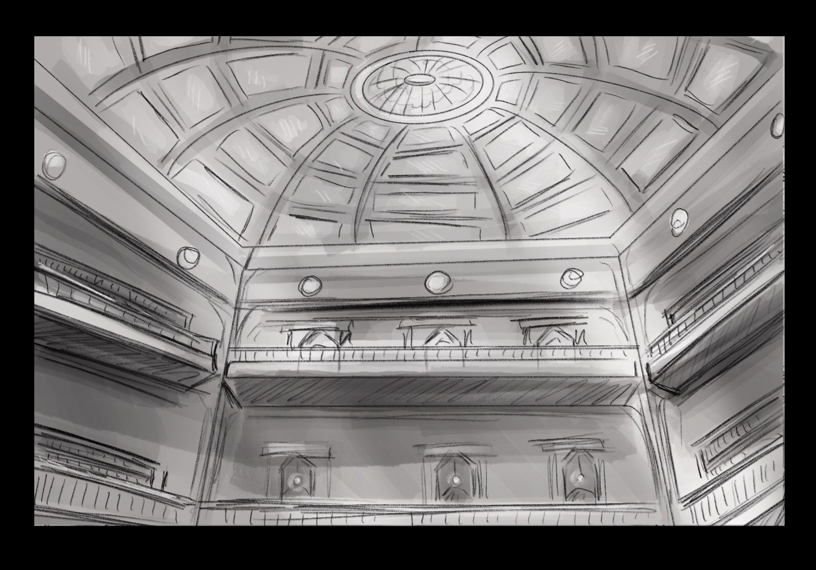 INT. LIBRARY - Concept Drawing by Brittany Hellivek