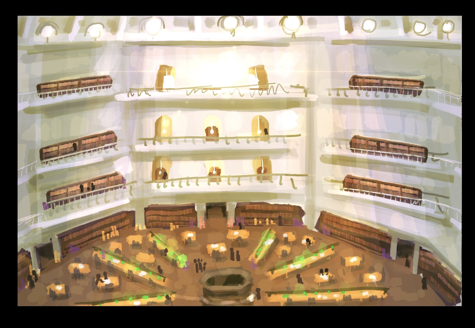INT. LIBRARY - Concept Drawing by Brittany Hellivek