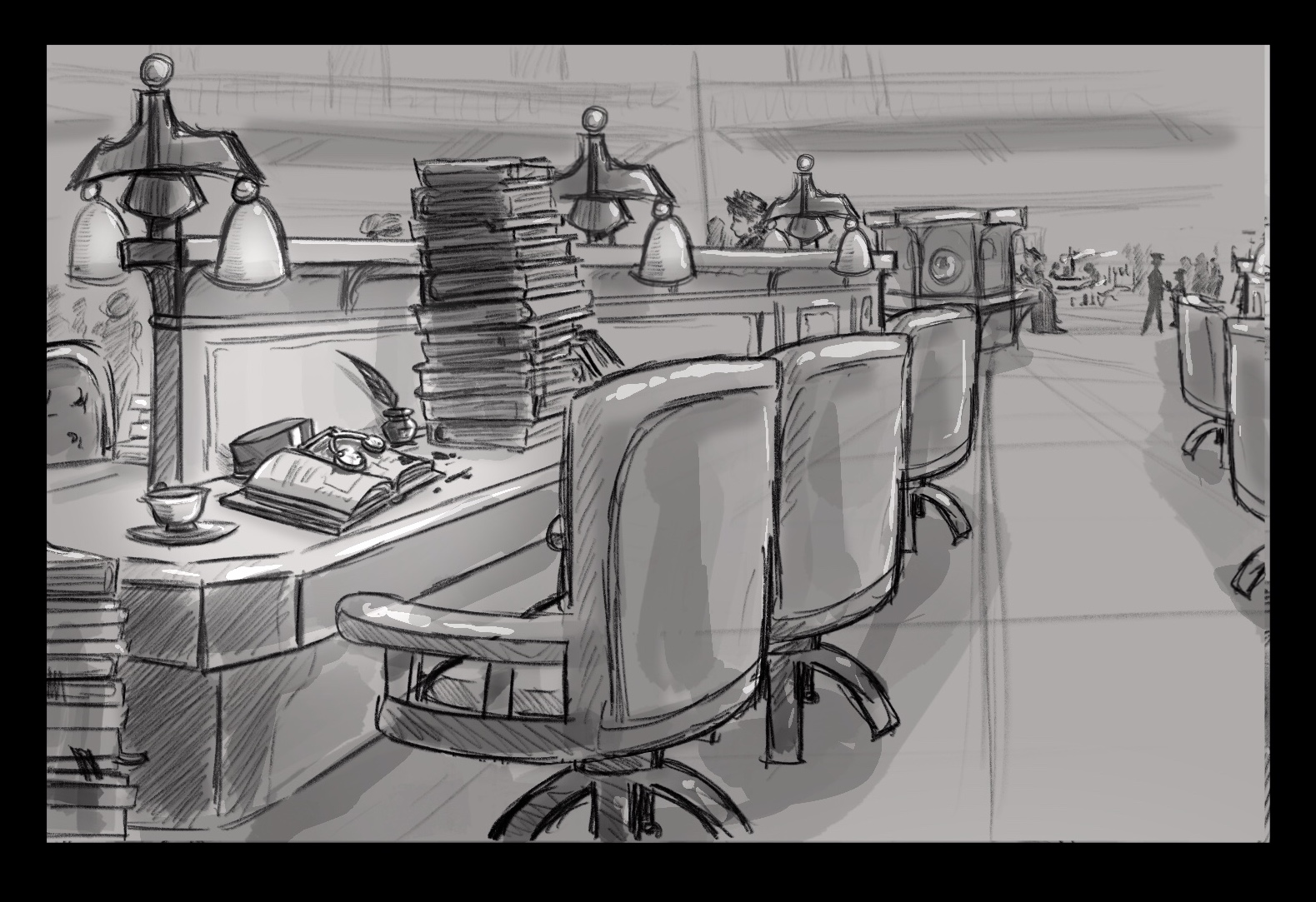 INT. LIBRARY - Concept Drawing by Brittany Hellivek