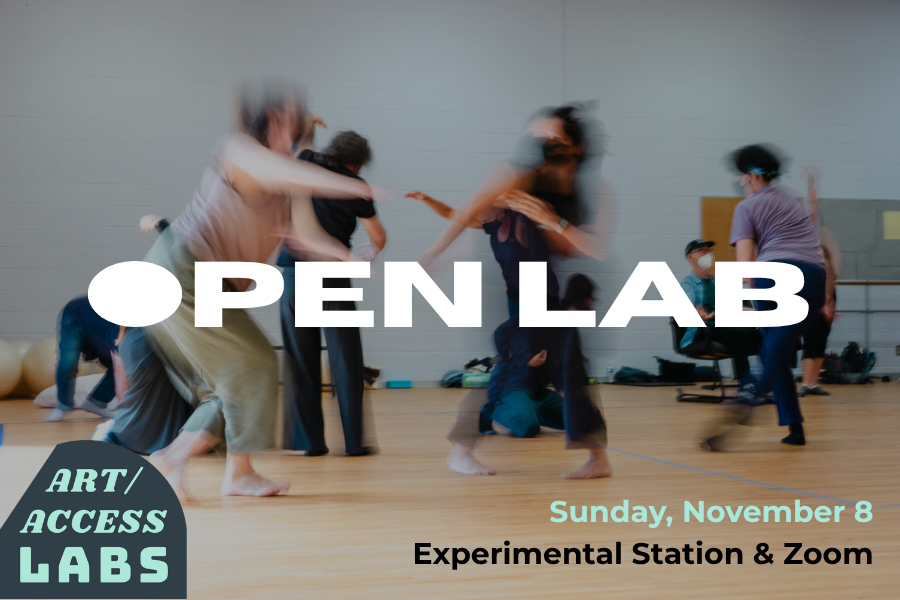 Overlaying an image of people dancing, the teal Art/Access Labs logo is in the bottom left corner. At the center, white text reads: Open Lab. In the bottom right corner, teal and black text reads: Sunday, November 8, Experimental Station & Zoom.