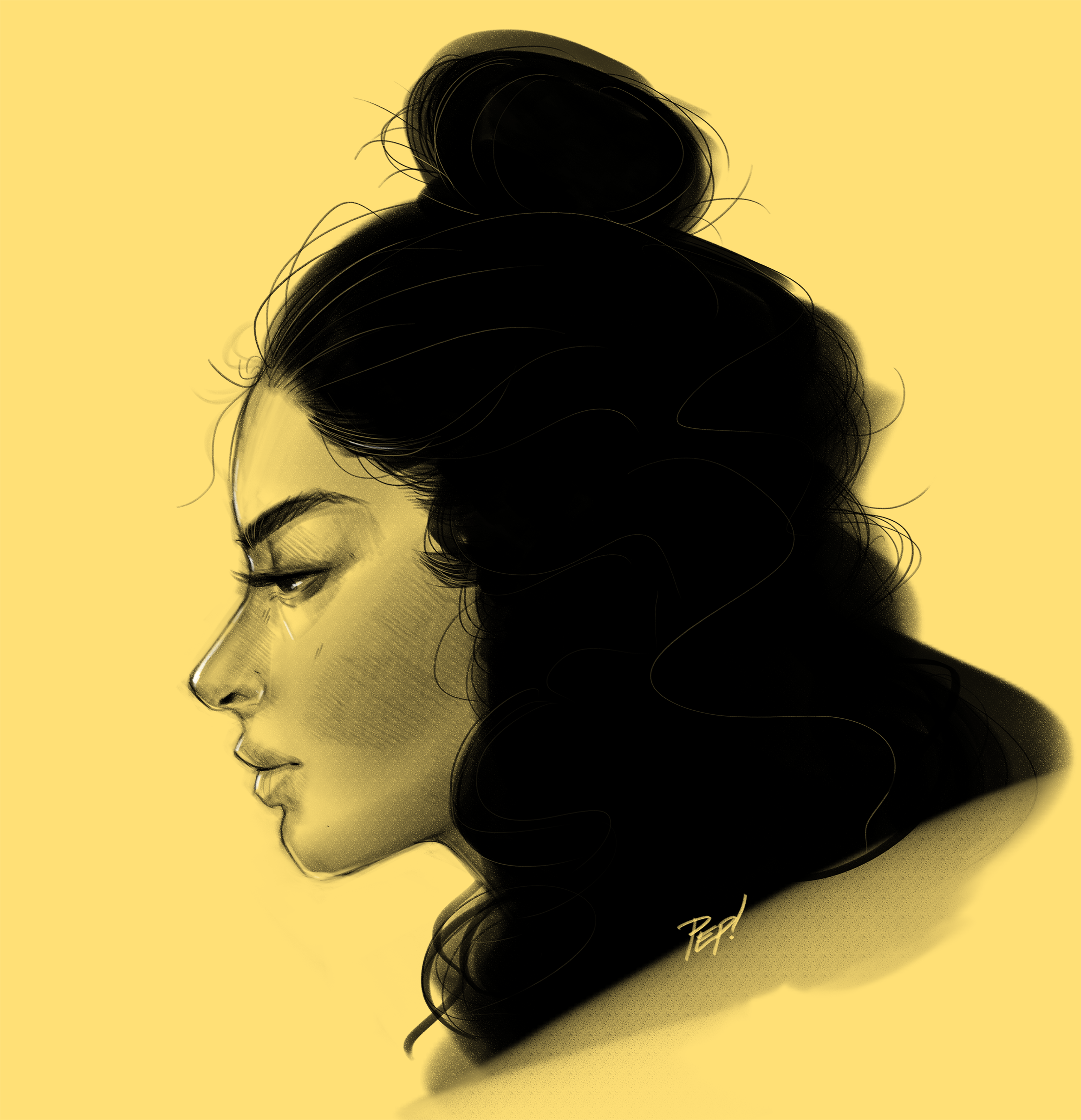 Digital illustration of a woman with long dark hair, styled in a bun on top of her head, in profile against a yellow background.