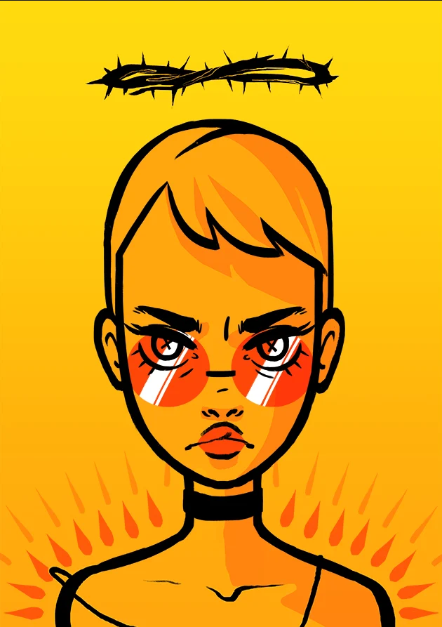 An illustrated woman with orange hair, fierce expression, and a choker. She has red cheeks and is depicted in front of a yellow background with a thorny halo above her head and flames behind her.