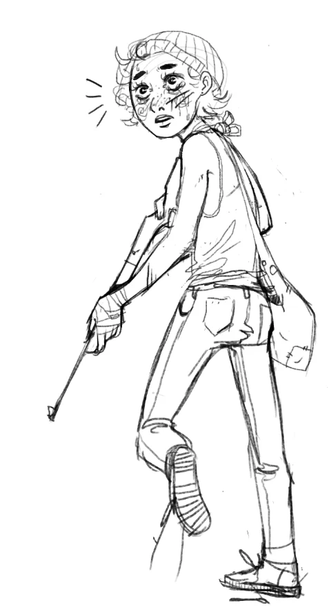 Line drawing of a young woman with a cane, wearing a sleeveless top, ripped jeans, and sandals, carrying a shoulder bag, looking surprised or confused.