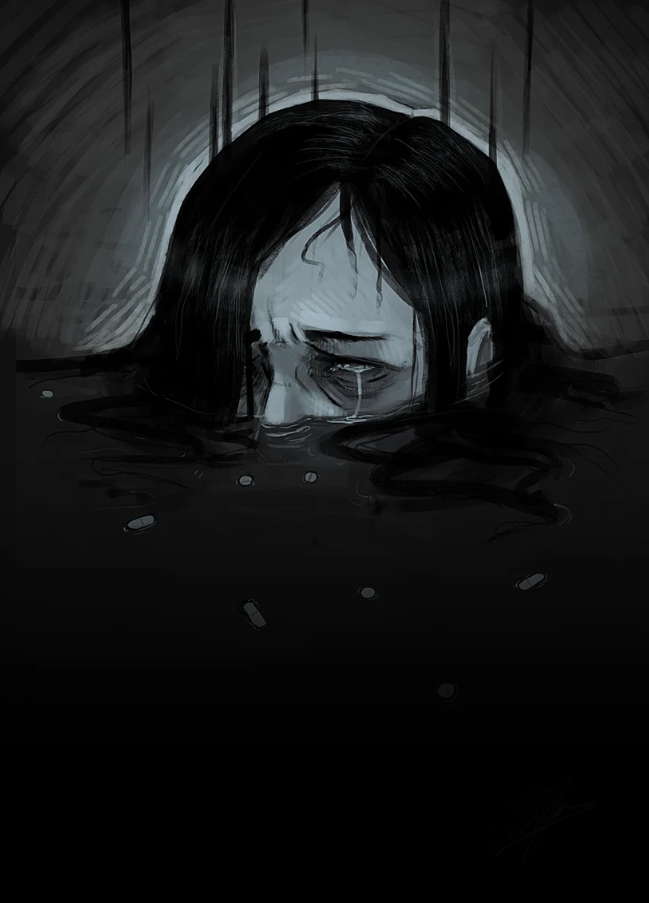 A person with long dark hair partially submerged in dark water, crying with tears falling down the face, surrounded by a dark, moody atmosphere.