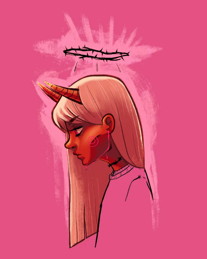 Digital drawing of a girl with a unicorn horn, a crown of thorns above her head, and a tear running down her cheek, set against a pink background.