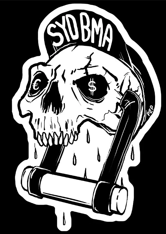 Black and white illustration of a skull with dollar, euro, and yen symbols in its eye sockets, wearing a cap labeled 'SUBMA'. The skull is biting on a cylindrical object with liquid droplets dripping from it.