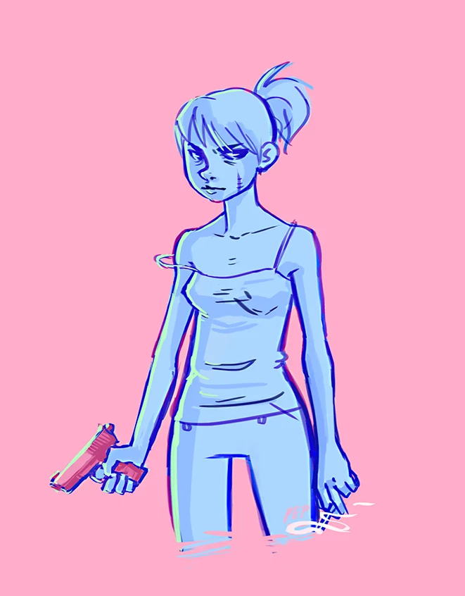 Digital drawing of a young woman with blue skin, short hair tied back in a ponytail, holding a gun, wearing a spaghetti strap tank top and pants, against a pink background.