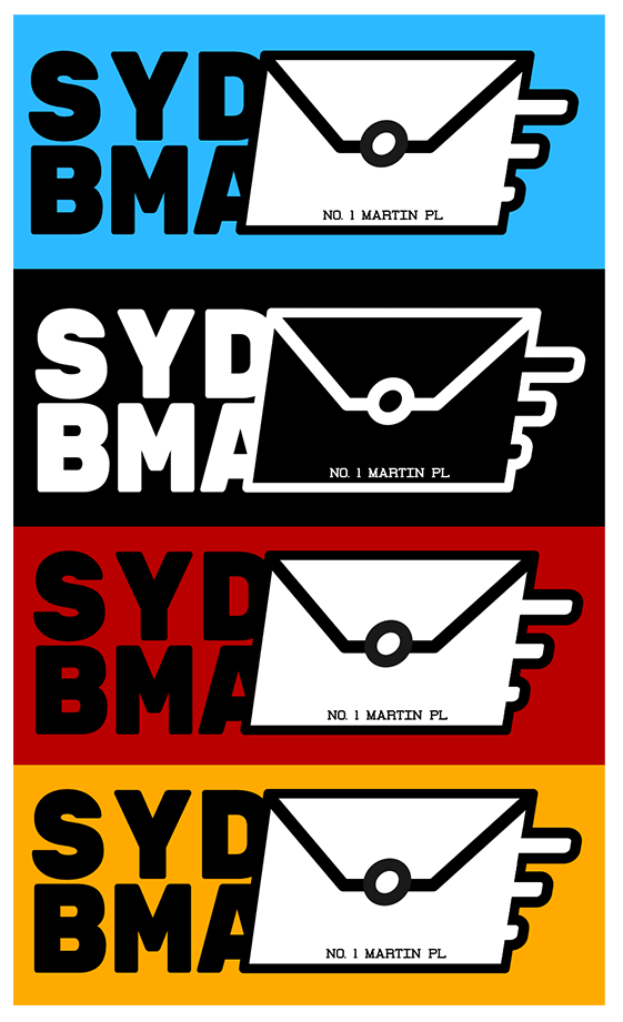 Four rows of labels with the text 'SYD BMA' and a postal box illustration, in blue, black, red, and yellow backgrounds.