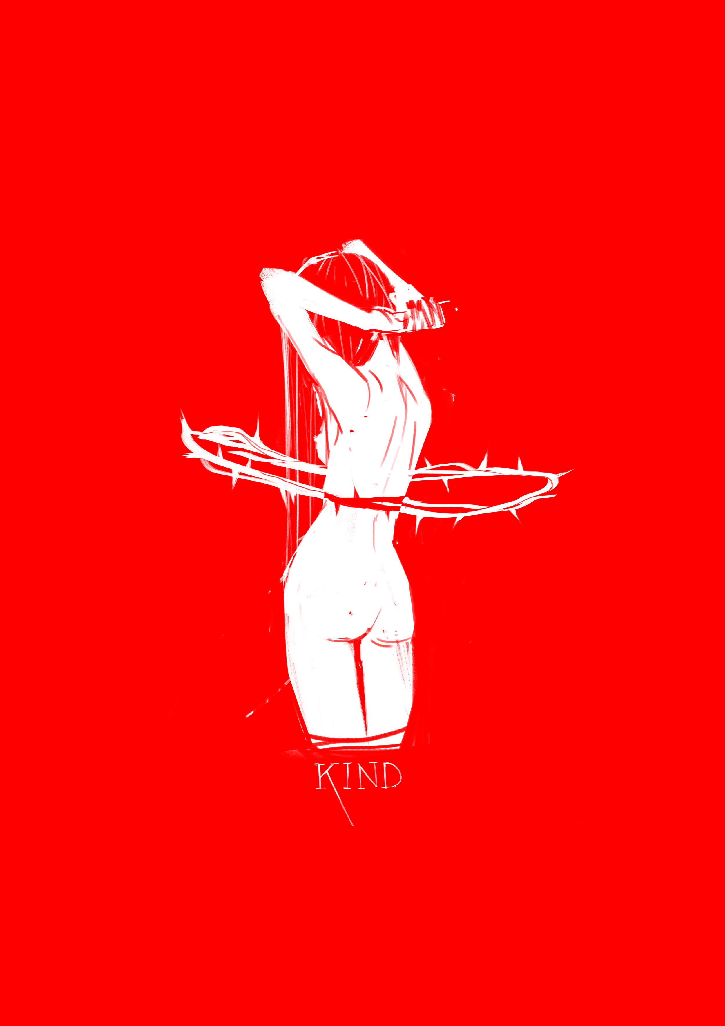 A minimalistic, white sketch of a nude woman with long hair, holding a crown above her head, and with a crown of thorns around her waist on a solid red background. The word "KIND" is written below.