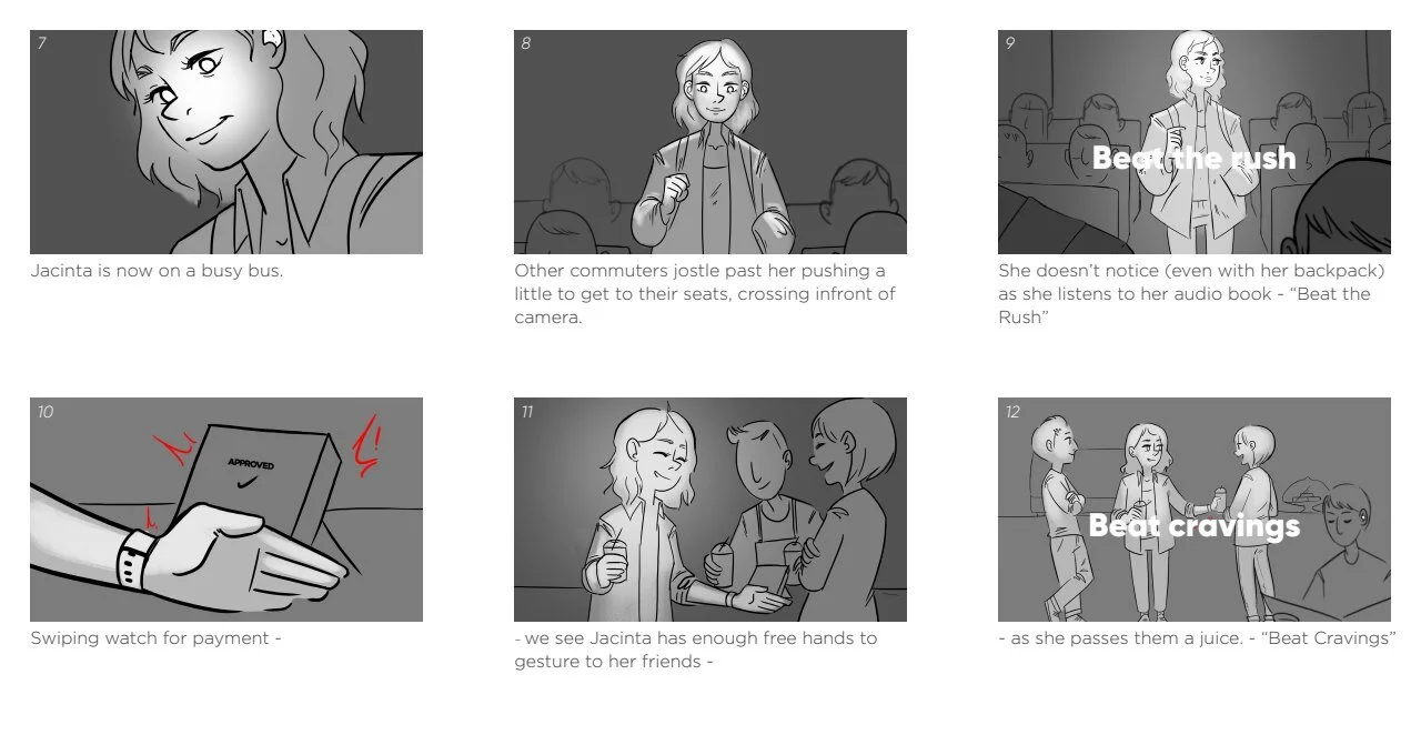 A comic strip showing Jacinta on a busy bus, listening to an audiobook titled 'Beat the Rush', then passing her friends a juice with a speech bubble reading 'Beat cravings'.