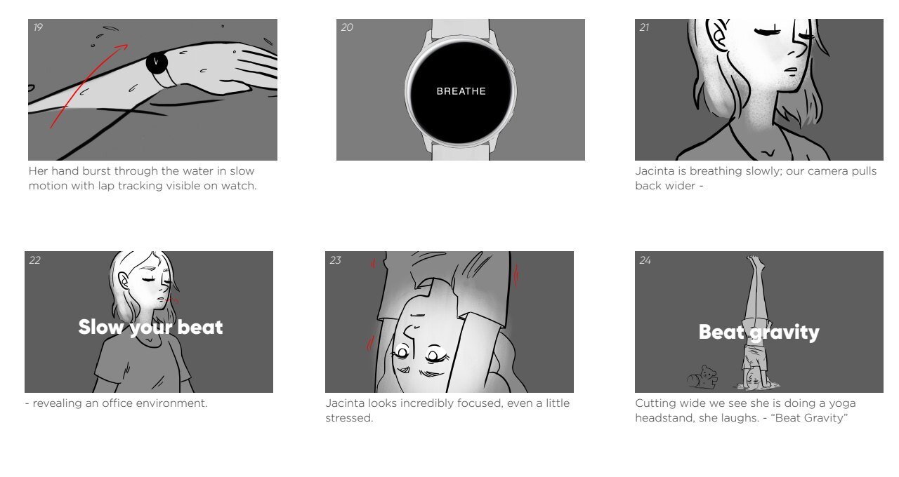 Sequence of six images showing a woman doing breathing exercises. The first image depicts her hand underwater with lap tracking visible on a watch. The second shows a smartwatch with the word 'BREATHE'. The third shows a woman named Jacinta slowly br