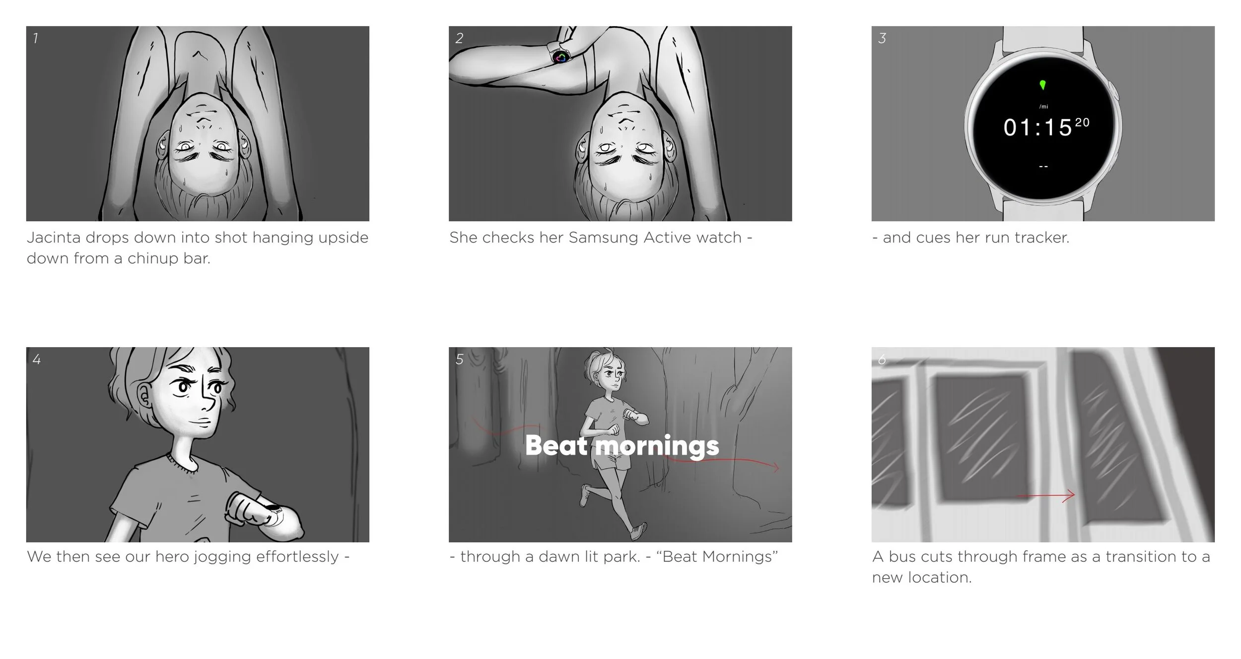 A six-panel comic strip in grayscale showing a woman preparing for a run in a park. In the first panel, Jacinta drops into a shot hanging upside down from a chin-up bar. In the second panel, she checks her Samsung Active watch and cues her run tracke