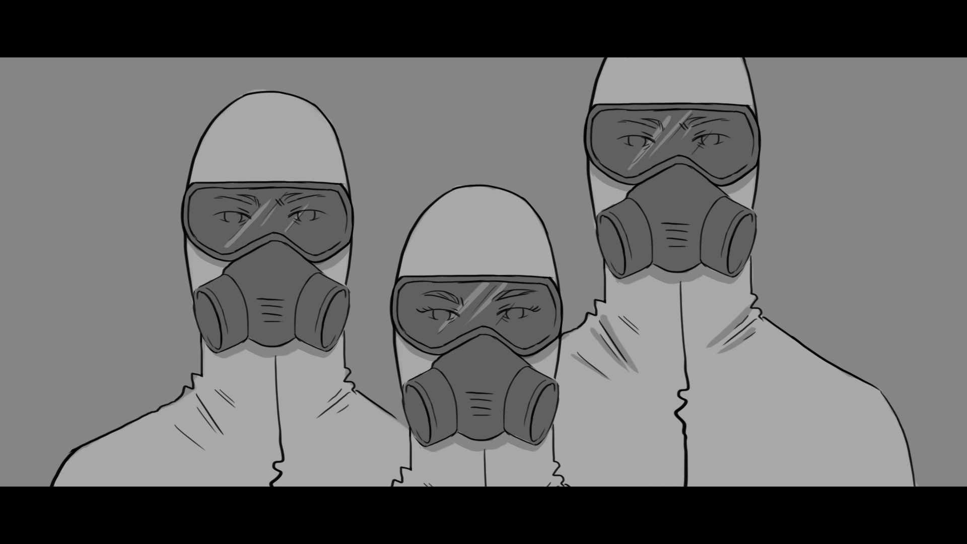Three individuals wearing protective hazmat suits, goggles, and masks with filters, posing in front of a plain background.