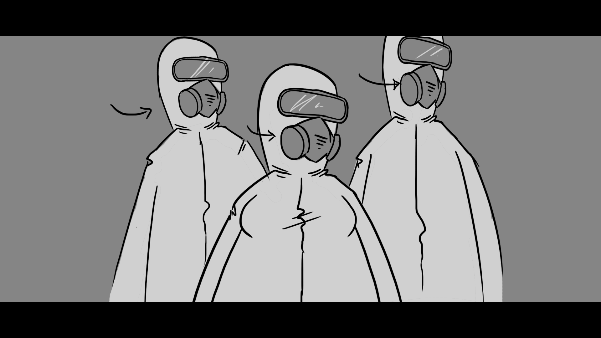 Line drawing of three people wearing personal protective equipment, including face shields, masks, and gowns, standing against a gray background.