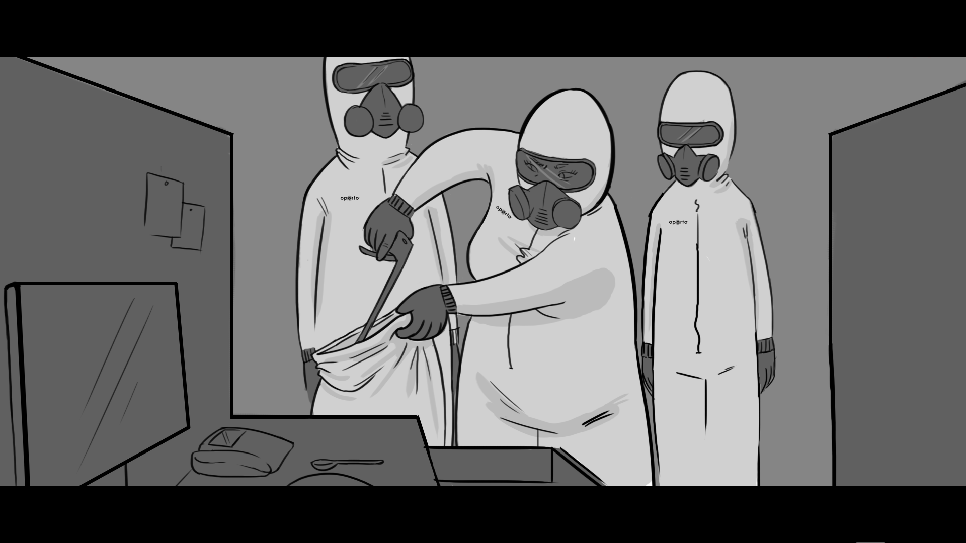 Three individuals in full protective gear, masks, and gloves, handling a bag in a medical or laboratory setting.